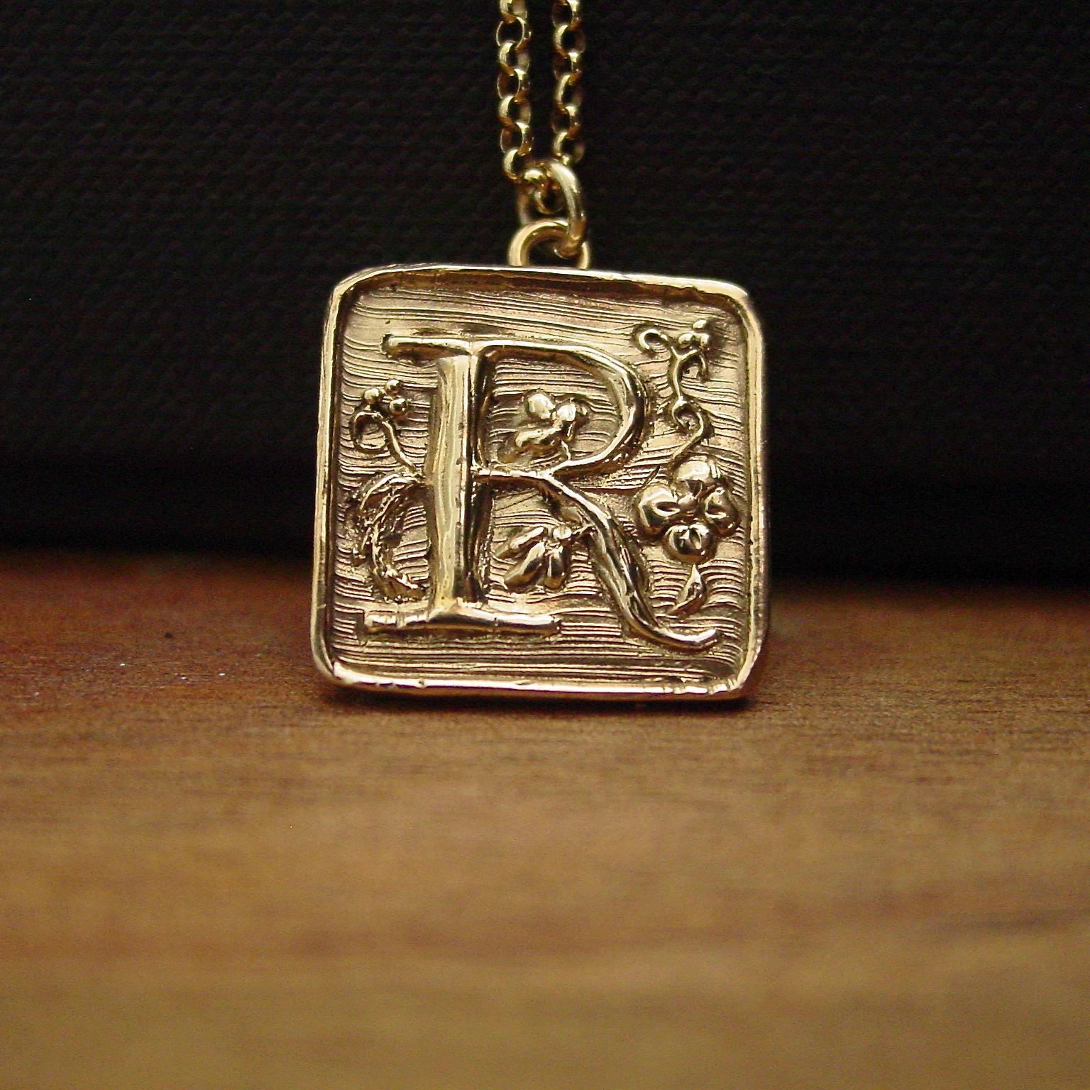 Hand-carved Gothic Letter “R” Initial Necklace – Gold, Bronze or Silver ...