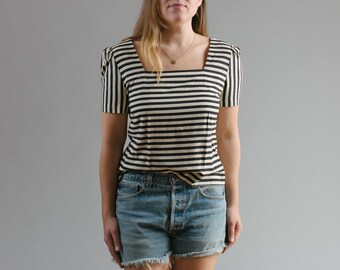 Black & White Striped Sasson Square Neck Puff Sleeve Top