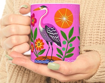 Taza retro de garza rosa: taza de café con arte de aves moderno de mediados de siglo