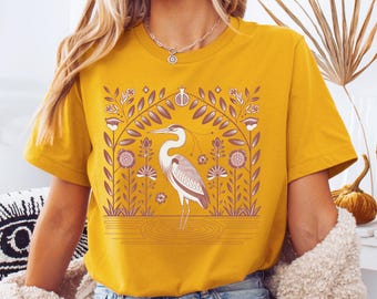 Heron T-Shirt, Folk Art Bird Shirt for Nature Lovers, Vintage Linocut Style Tee, Gift for Birdwatchers & Granola Girls