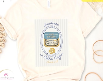 イワシTシャツ、缶詰魚Tシャツ、海岸のおばあちゃん風Tシャツ、レトロな缶詰魚グラフィックTシャツ、地中海沿岸の雰囲気Tシャツ
