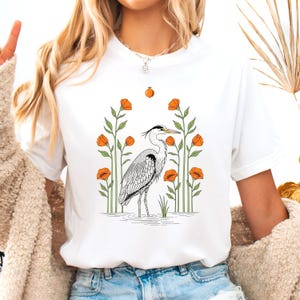 Heron Bird Shirt, Botanical Nature Tee, Granola Girl Aesthetic, Blue Heron T-Shirt, Garden Folk Art Tee, Bird Lover Gift Idea