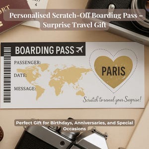 Biglietto di viaggio a sorpresa con carta d'imbarco grattabile • Regalo di viaggio • Scopri una vacanza • Data e nome personalizzati • Compleanno, luna di miele o Natale