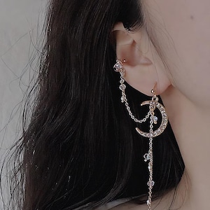 Pendientes celestiales, puños para la oreja con forma de media luna, pendientes de circonita, pendientes de estrella, puños para la oreja con cadena, románticos y misteriosos, de ensueño, estilo vintage brillante