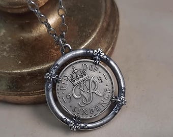 Lucky Sixpence Necklace, British Coin Pendant, Queen Elizabeth II / King George VI Charm, Wedding Something Old Gift, Good Luck Amulet