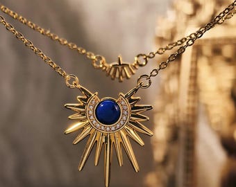 Sun Necklace Double Layered Necklace Evil Eye Necklace Lapis Lazuli Gold Necklace Vintage Palace Style Perfect for Dates and Weddings