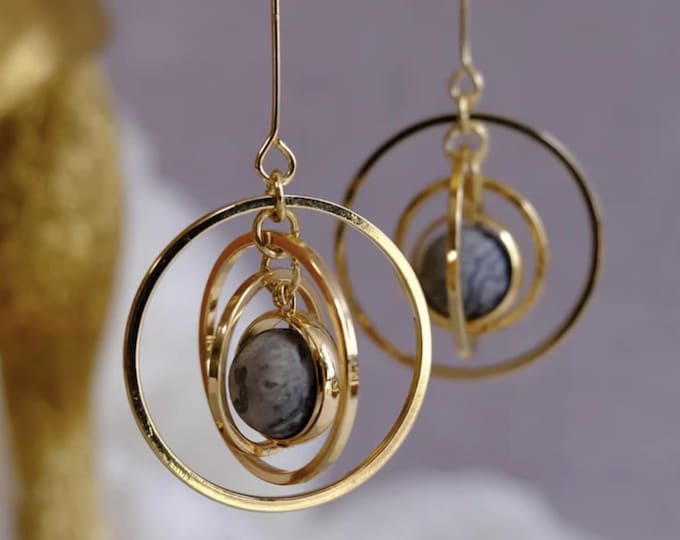 Gold Orrery Planet Earrings, Kinetic Solar System Dangle, Rotating Gyroscope, Clip On or Pierced