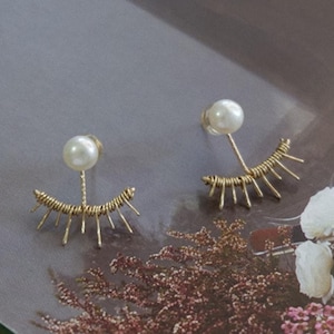 May include: A pair of gold earrings with a pearl on each side. The earrings have a delicate, wire design that resembles a fan or a sunburst.