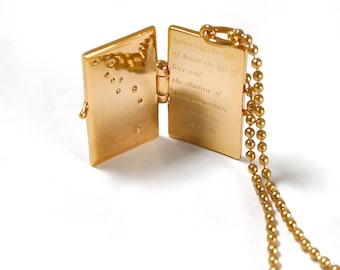 Gold Book Locket Necklace, Celestial Starry Pendant, Secret Message Poetry Charm, Engraved Cosmic Jewelry, Librarian Book Lover Gift