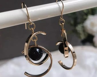 Blue Sandstone Galaxy Earrings, Gold Celestial Planet Drop, Minimalist Modern Space Jewelry, Sparkly Night Sky Stone, Astronomy Gift