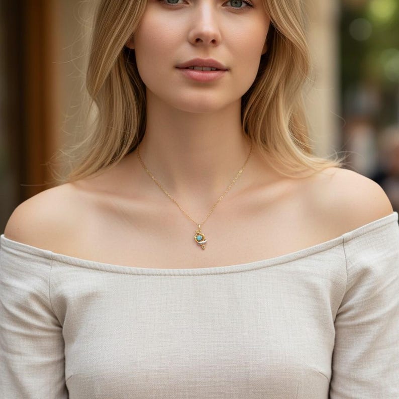 A woman wearing the dainty Felix Felicis lucky potion necklace, showing how the minimalist gold chain looks against the skin for a subtle, magical style.