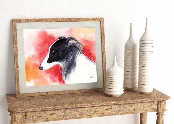 Black Spotted Silken Windhound Long Haired Whippet Dog Art Etsy
