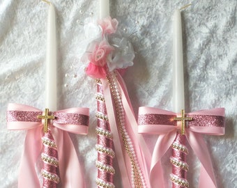 Griekse doopkaarsenset - orthodoxe doopkaarsen - roze lambathes - lampada-doop - doopkaarsenset - doopkaarsen voor meisjes