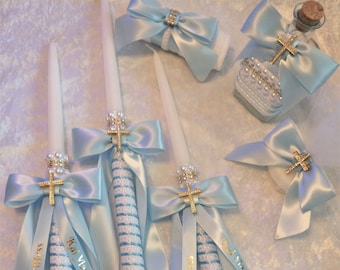 Baptism Candle Set - Greek Othodox Baptism Candles - Oil Bottle and Soap Set - Lambada - Christening - Blue Baptism Candles or Pink