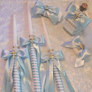 Set per battesimo personalizzato - Candele per battesimo greco-ortodosse - Set con bottiglia di olio e sapone - Lambada - Battesimo - Candele per battesimo blu o rosa
