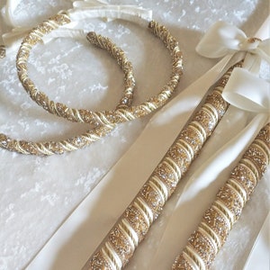 Stefana Candles Set, Glamorous Gold, Orthodox Wedding Crowns, Greek Stefana, White or Ivory Wedding Lambathes