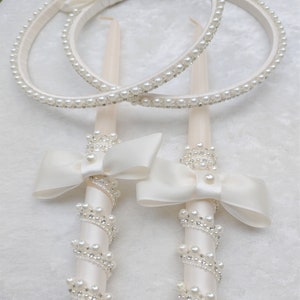 Stefana and Greek Lambathes Set, Orthodox Wedding Crowns and Candles, Pearl Rhinestone Wedding Candles, Ivory Wedding Lambades