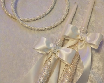 Greek Stefana Candle Set, Ivory Rhinestone Wedding Lambathes, Orthodox Wedding Crowns, Greece Wedding Lambades
