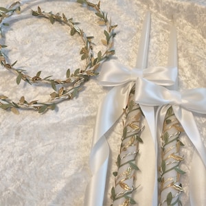 Greek Stefana Candle Set, Orthodox Wedding Stefana Crown, Lambathes, Greek Lambades, Olive Leaf Design