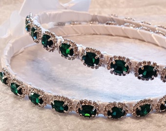 Emerald Stefana Crowns, Stefana Green and Clear Rhinestone, Orthodox Wedding Stefana, Greek Stefana, Stephana