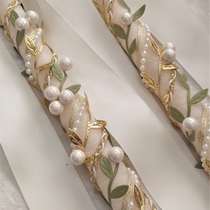 Greek Lambathes Set, Olive Leaf Wedding Candles, Gold Leaf Candles with Pearls, Orthodox Lambades