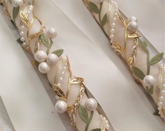 Greek Lambathes Set, Olive Leaf Wedding Candles, Gold Leaf Candles with Pearls, Orthodox Lambades