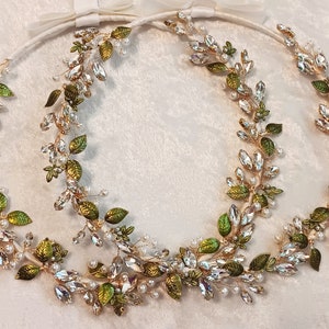 Stefana, Green Leaf Stefana Crowns, Orthodox Wedding Crowns, Greek Wedding Set, Crystal Greek Tiara, Stephana image 4