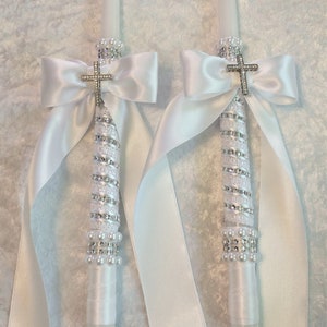 Baptism Candle, Ivory Greek Lambathe, Cross Candle, Greek Orthodox Baptism, Christening Candle, Greek Easter Candle White/Silver