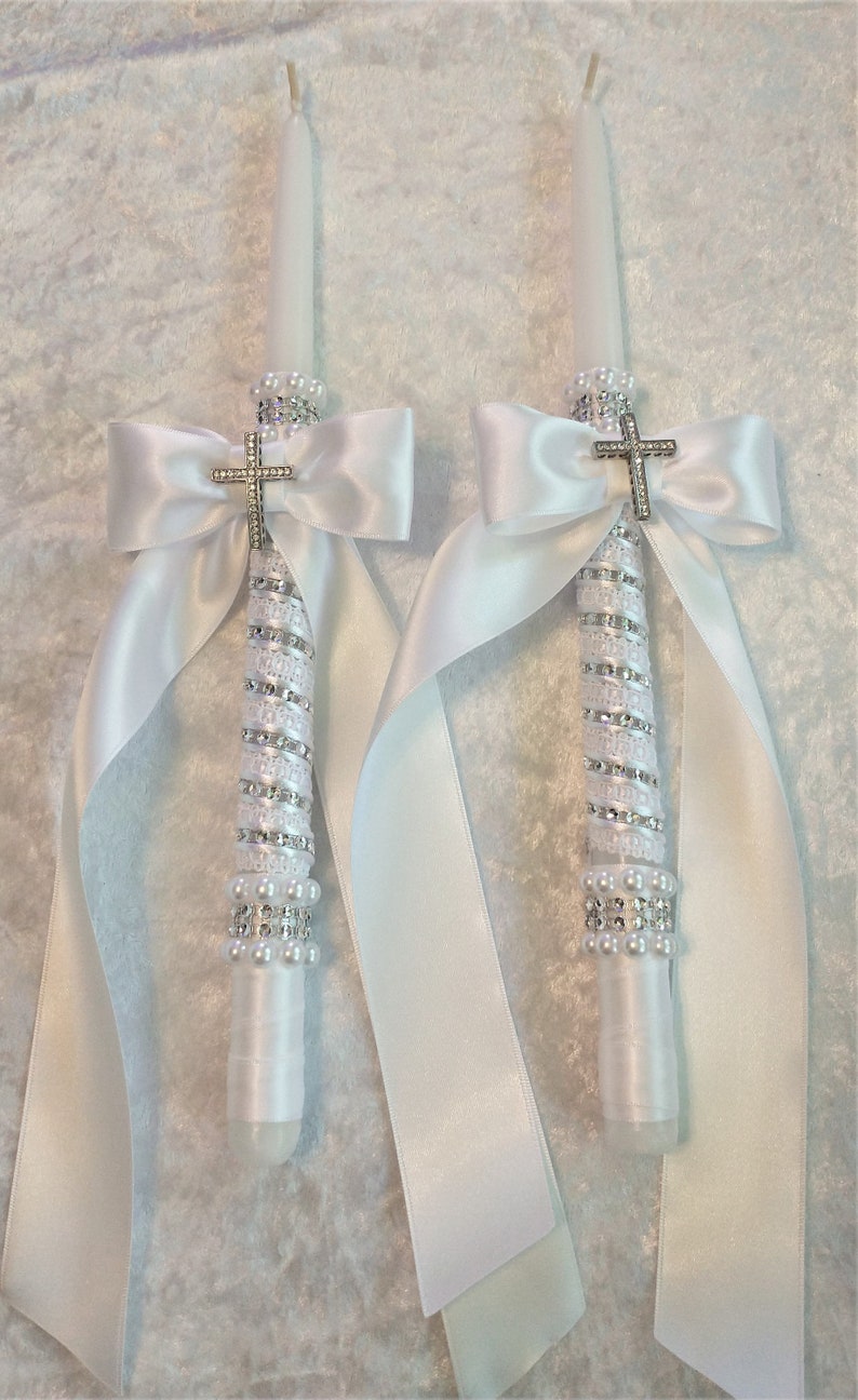 Baptism Candle, Ivory Greek Lambathe, Cross Candle, Greek Orthodox Baptism, Christening Candle, Greek Easter Candle White/Silver