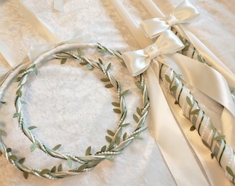 Greek Lambathes Set, Orthodox Wedding Crowns and Candles, Green Leaf Stefana and Lambades