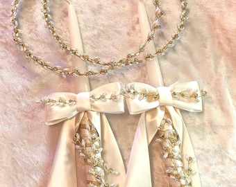 Pearl Stefana Crowns / Greek Wedding Lambathes / Gold Leaf Stefana / Orthodox Wedding Crowns and Candles / Stephana