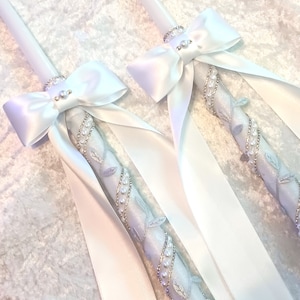 Greek Wedding Candles, Baptism Candles, Orthodox Lambathes for Greek Wedding, Christening Candles, White Silver Leaf Lambades