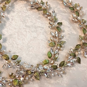 Stefana, Green Leaf Stefana Crowns, Orthodox Wedding Crowns, Greek Wedding Set, Crystal Greek Tiara, Stephana image 1
