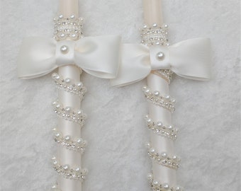 Greek Lambathes Set, Orthodox Wedding Candles, Pearl Rhinestone Wedding Candles, Ivory Wedding Lambades