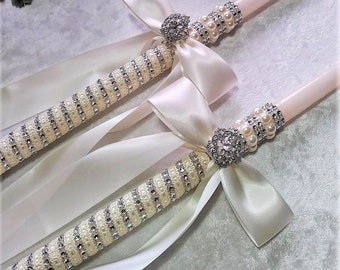 Lambade Wedding - Greek Orthodox Lambathes - Greek Wedding Candles - Orthodox Wedding  - Ivory Silver - Lambades - Baptism - 18 and 24 Inch