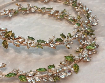 Stefana, Green Leaf Stefana Crowns, Orthodox Wedding Crowns, Greek Wedding Set, Crystal Greek Tiara, Stephana