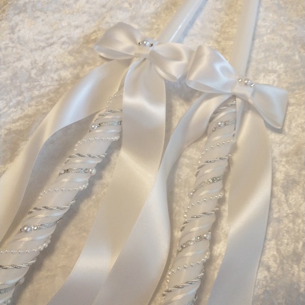 Greek Lambathes Set, Orthodox Wedding Candles, White Silver Wedding Candles, Lambades for Wedding, Orthodox Candles