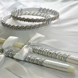 Stefana, Greek Wedding Candles, Silver Bling Stefana, Orthodox Wedding Crowns, White Stefana, Traditional Stefana - Lambathes - Set