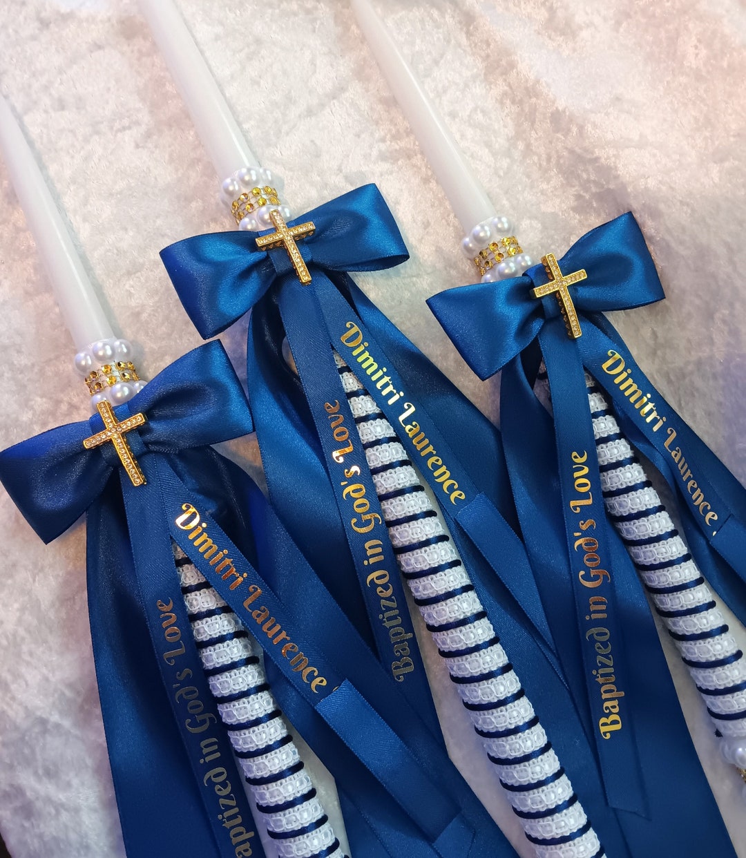 Orthodox Baptism Candle Boy, Greek Lambades, Navy Blue Baptismal Set, Lambada, Greek Baptism