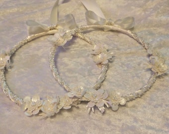 Greek Stefana Set, Ivory Floral Wedding Stefana, Orthodox Wedding Crowns, Greece Stephana, Rhinestone Stefana, Stefana Box Option