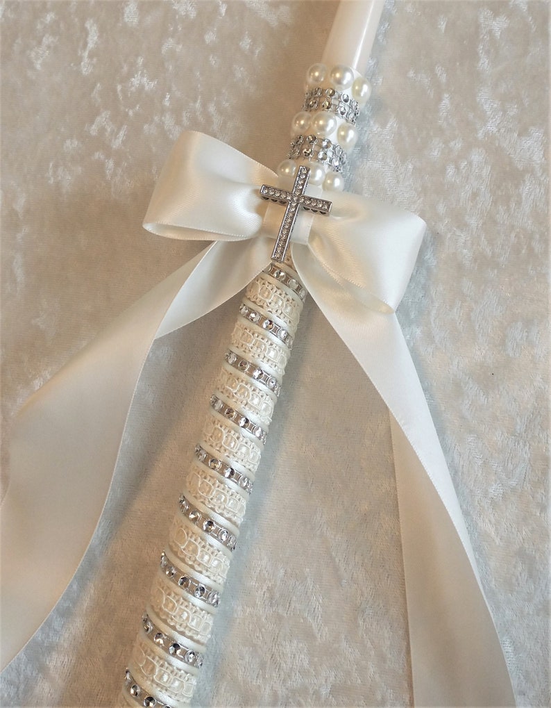 Baptism Candle, Ivory Greek Lambathe, Cross Candle, Greek Orthodox Baptism, Christening Candle, Greek Easter Candle Ivory/Silver