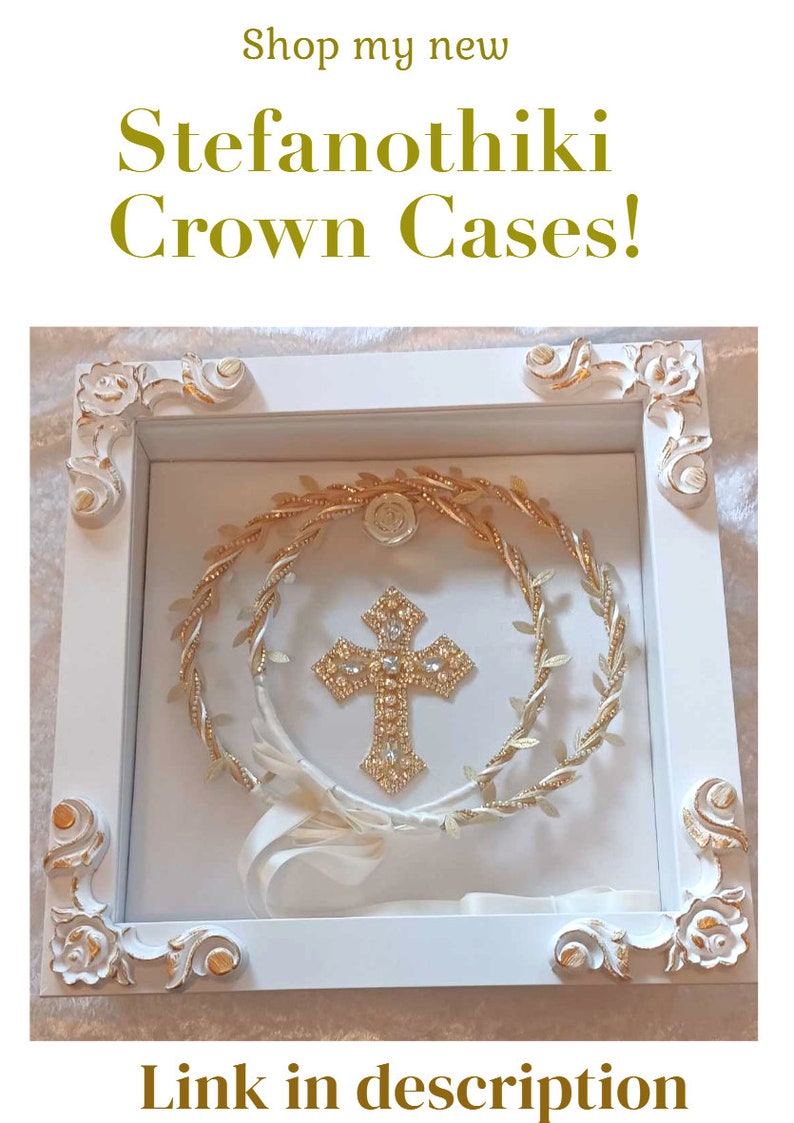 Stefana, Green Leaf Stefana Crowns, Orthodox Wedding Crowns, Greek Wedding Set, Crystal Greek Tiara, Stephana image 5