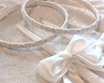 Stefana Lambathes Set, Greek Wedding Crowns, White Wedding Stefana, Greek Wedding Candles, Traditional Orthodox Wedding Set