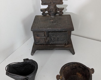 Small Old DOT Cast Iron Stove AND Two Old Miniature Cast Iron Pots: Scuttle Bucket and Cooking Pot