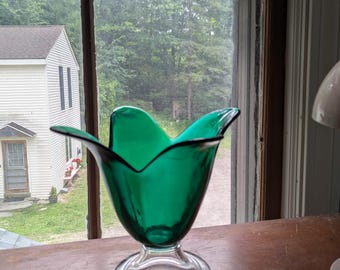 Green Glass Tulip Shaped Glass Vase Studio Nova Made in Portugal