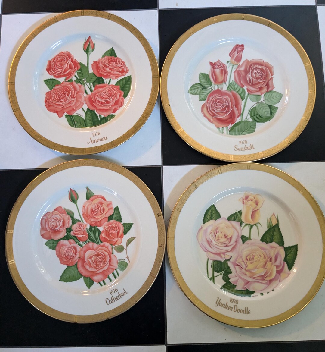 4 Vintage Rose Plates From Gorham Fine China Gold Trim Gorgeous ...