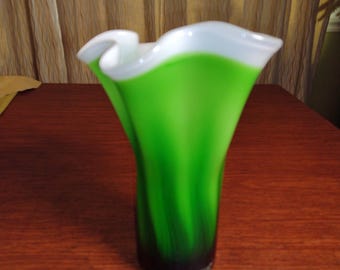 Unique Eye Glass Art Deco Green with White Trim Hand Blown Vase