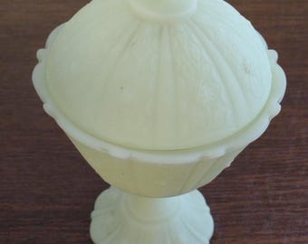 Vintage Fenton Custard Green Custard Daisy Paneled Uranium Glow Glass Candy Dish and Lid
