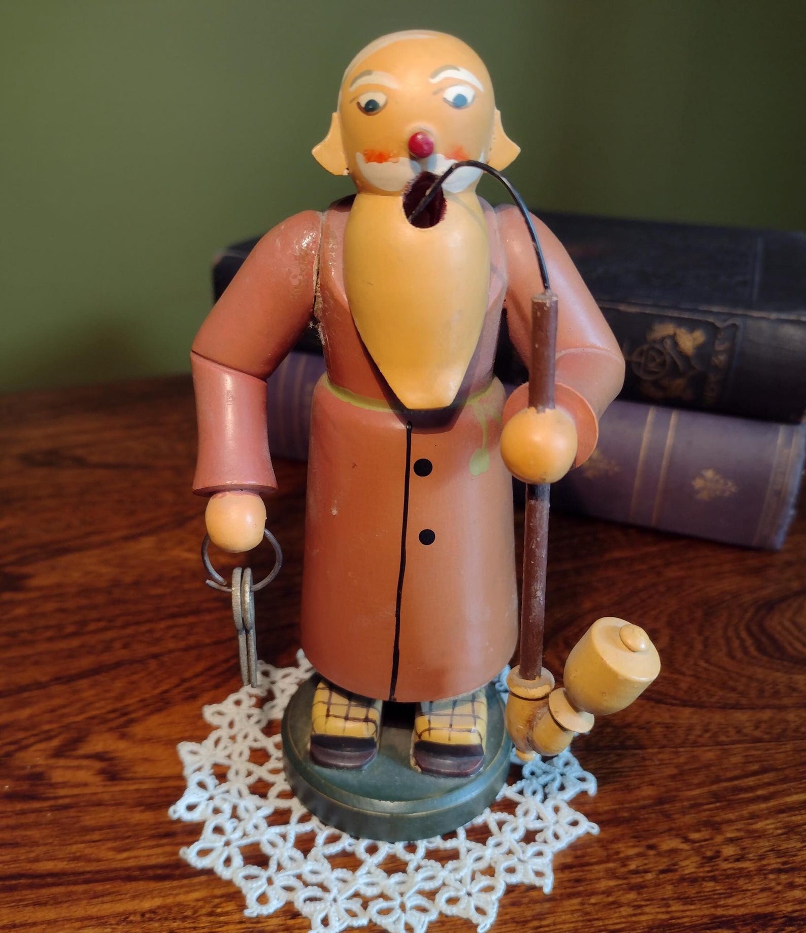 Vintage German Wooden MONK Smoking Pipe Carrying Keys Incense Burner