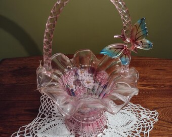 Bradford Exchange Ltd Edition Ruby Sparkle Blown Glass Basket w/ Butterfly Applied to Handle, Lena Liu